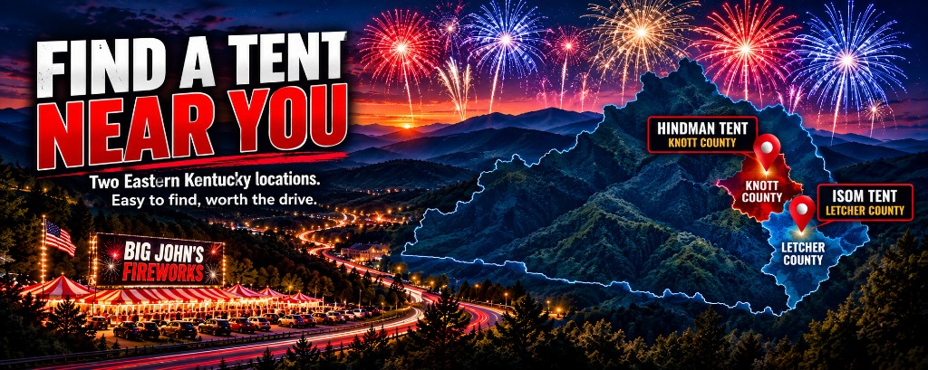 Big John's Fireworks Eastern Kentucky tent locations showing the Hindman Tent in Knott County and Isom Tent in Letcher County.