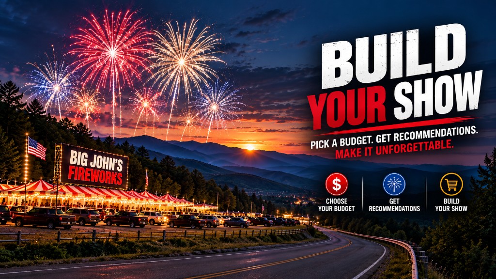 Big John's Fireworks Build Your Show: pick a budget, get recommendations, and build your show.